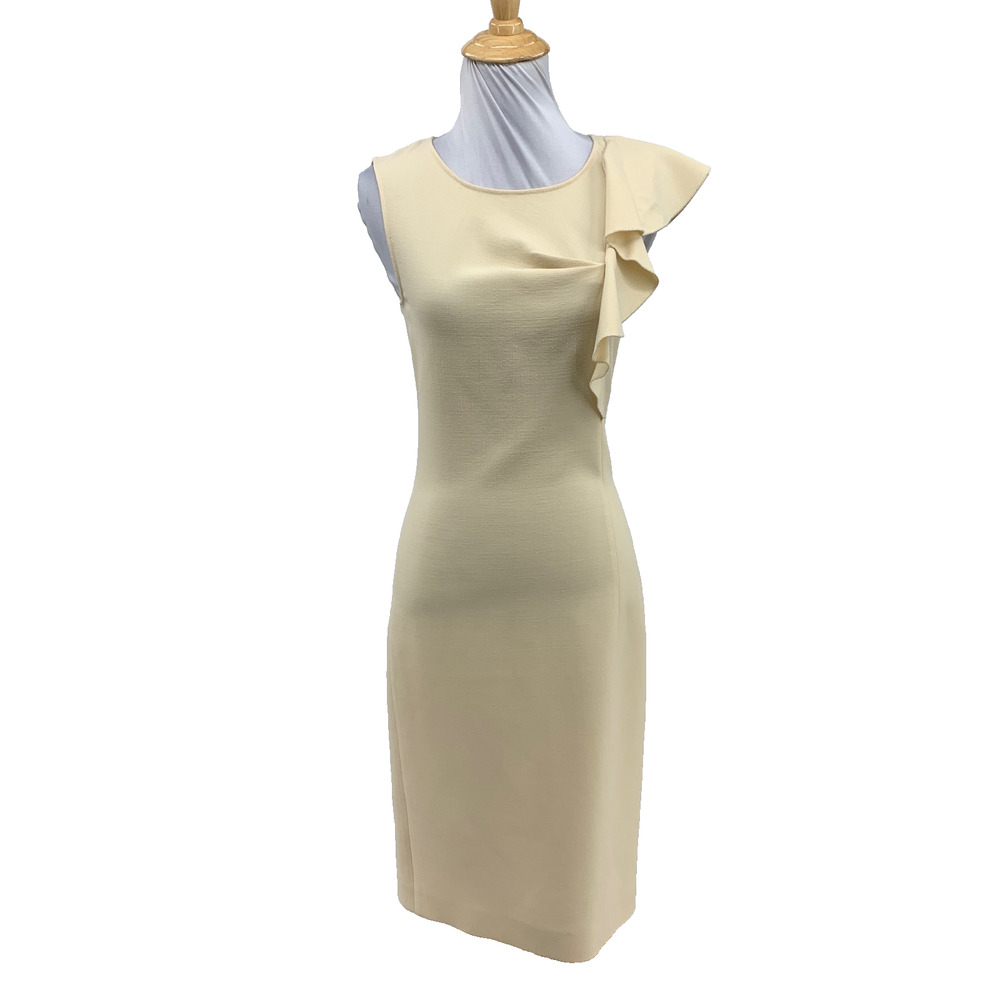 Emilio Pucci Dress Womens 6 Cream Wool Blend Stretch Ruffle Shoulder Sleeveless